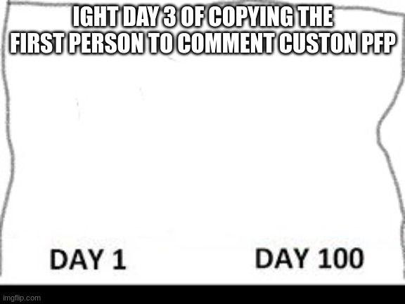 Day 1-100 | IGHT DAY 3 OF COPYING THE FIRST PERSON TO COMMENT CUSTON PFP | image tagged in day 1-100 | made w/ Imgflip meme maker