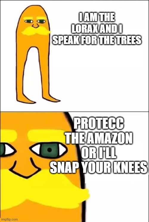 The Lorax | I AM THE LORAX AND I SPEAK FOR THE TREES; PROTECC THE AMAZON OR I'LL SNAP YOUR KNEES | image tagged in the lorax | made w/ Imgflip meme maker