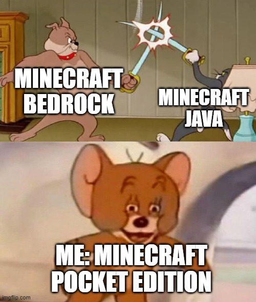 welp | MINECRAFT BEDROCK; MINECRAFT JAVA; ME: MINECRAFT POCKET EDITION | image tagged in tom and jerry swordfight,minecraft | made w/ Imgflip meme maker