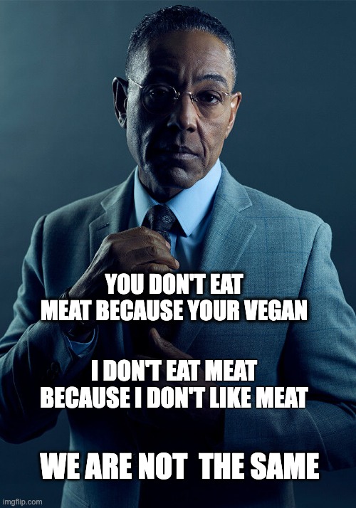 We are not the same | YOU DON'T EAT MEAT BECAUSE YOUR VEGAN; I DON'T EAT MEAT BECAUSE I DON'T LIKE MEAT; WE ARE NOT  THE SAME | image tagged in gus fring we are not the same | made w/ Imgflip meme maker