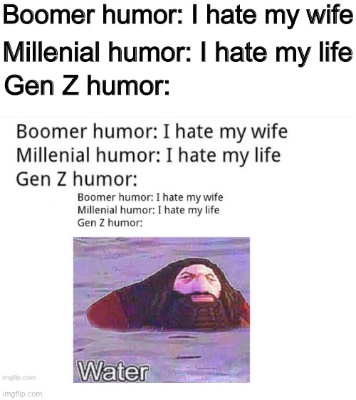 Meme | Boomer humor: I hate my wife; Millenial humor: I hate my life; Gen Z humor: | image tagged in blank white template | made w/ Imgflip meme maker