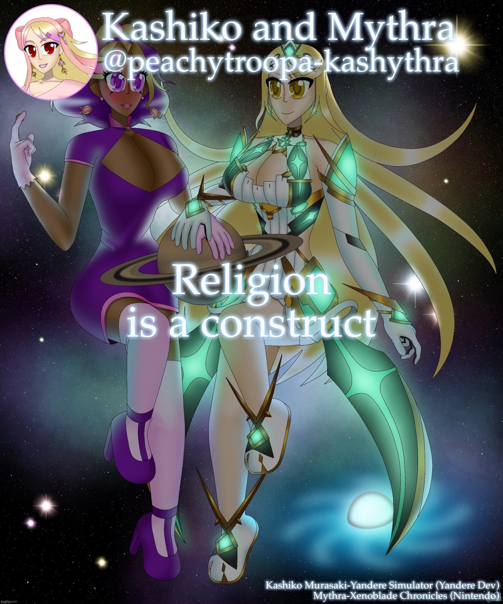 Kashiko Murasaki and Mythra | Religion is a construct | image tagged in kashiko murasaki and mythra | made w/ Imgflip meme maker