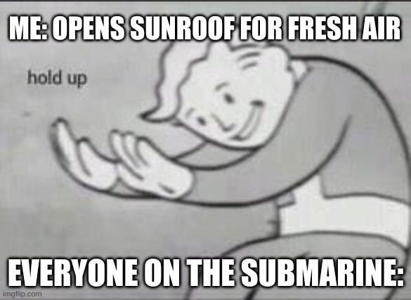 Fallout Hold Up | ME: OPENS SUNROOF FOR FRESH AIR; EVERYONE ON THE SUBMARINE: | image tagged in fallout hold up,hold up,fun,funny | made w/ Imgflip meme maker