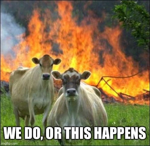 Evil Cows Meme | WE DO, OR THIS HAPPENS | image tagged in memes,evil cows | made w/ Imgflip meme maker