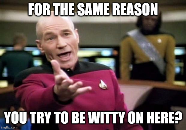 startrek | FOR THE SAME REASON YOU TRY TO BE WITTY ON HERE? | image tagged in startrek | made w/ Imgflip meme maker
