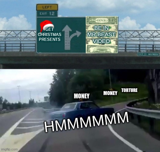 Left Exit 12 Off Ramp Meme | GET CHRISTMAS PRESENTS; BE IN MR.BEAST VIDEO; TORTURE; MONEY; MONEY; HMMMMMM | image tagged in memes,left exit 12 off ramp | made w/ Imgflip meme maker
