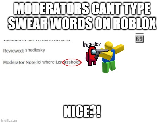 Blank White Template | MODERATORS CANT TYPE SWEAR WORDS ON ROBLOX NICE?! | image tagged in blank white template | made w/ Imgflip meme maker