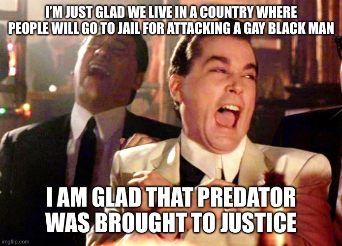 Good Fellas Hilarious | I’M JUST GLAD WE LIVE IN A COUNTRY WHERE PEOPLE WILL GO TO JAIL FOR ATTACKING A GAY BLACK MAN; I AM GLAD THAT PREDATOR WAS BROUGHT TO JUSTICE | image tagged in memes,good fellas hilarious | made w/ Imgflip meme maker