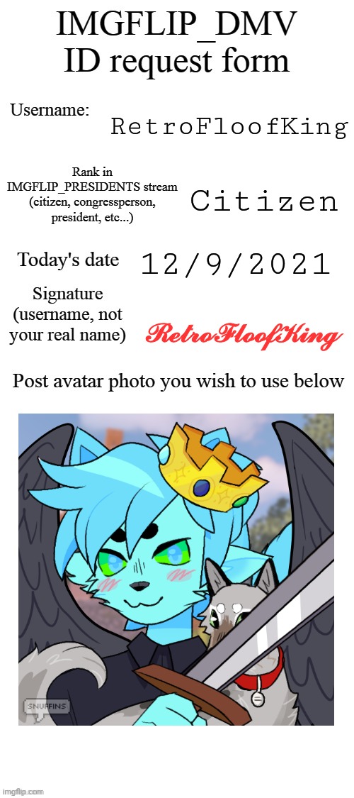 Ok | RetroFloofKing; Citizen; 12/9/2021; 𝓡𝓮𝓽𝓻𝓸𝓕𝓵𝓸𝓸𝓯𝓚𝓲𝓷𝓰 | image tagged in dmv id request form | made w/ Imgflip meme maker