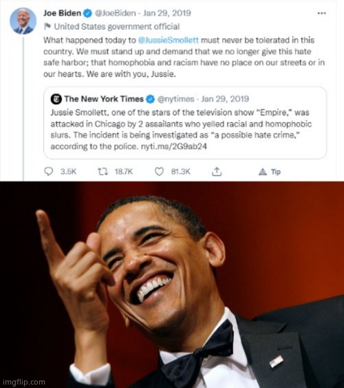 YES! THE JUSSIE SMELLSBUTT'S OF THIS COUNTRY MUST NO LONGER BE TOLERATED! | image tagged in barack obama pointing and laughing,jussie smollett | made w/ Imgflip meme maker