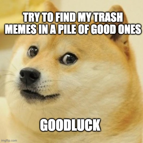 doge | TRY TO FIND MY TRASH MEMES IN A PILE OF GOOD ONES; GOODLUCK | image tagged in memes,doge,funny,upvote | made w/ Imgflip meme maker