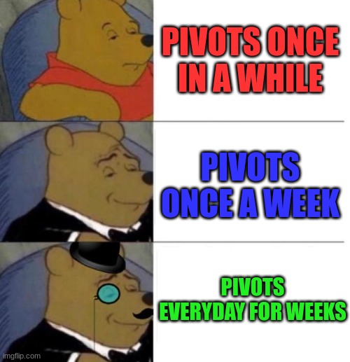 Pivots USPS | PIVOTS ONCE IN A WHILE; PIVOTS ONCE A WEEK; PIVOTS EVERYDAY FOR WEEKS | image tagged in tuxedo winnie the pooh 3 panel | made w/ Imgflip meme maker