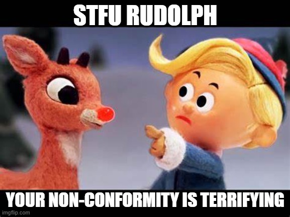 Hermy is angry | STFU RUDOLPH; YOUR NON-CONFORMITY IS TERRIFYING | image tagged in christmas | made w/ Imgflip meme maker