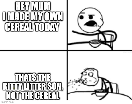it may happen to you | HEY MUM I MADE MY OWN CEREAL TODAY; THATS THE KITTY LITTER SON, NOT THE CEREAL | image tagged in spitting guy | made w/ Imgflip meme maker