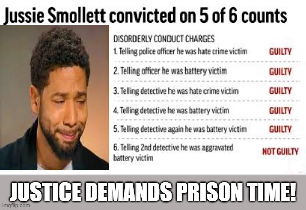 jussie smollett guilty as hell | JUSTICE DEMANDS PRISON TIME! | image tagged in political meme,maga,justice,guilty,jussie smollett,prison | made w/ Imgflip meme maker