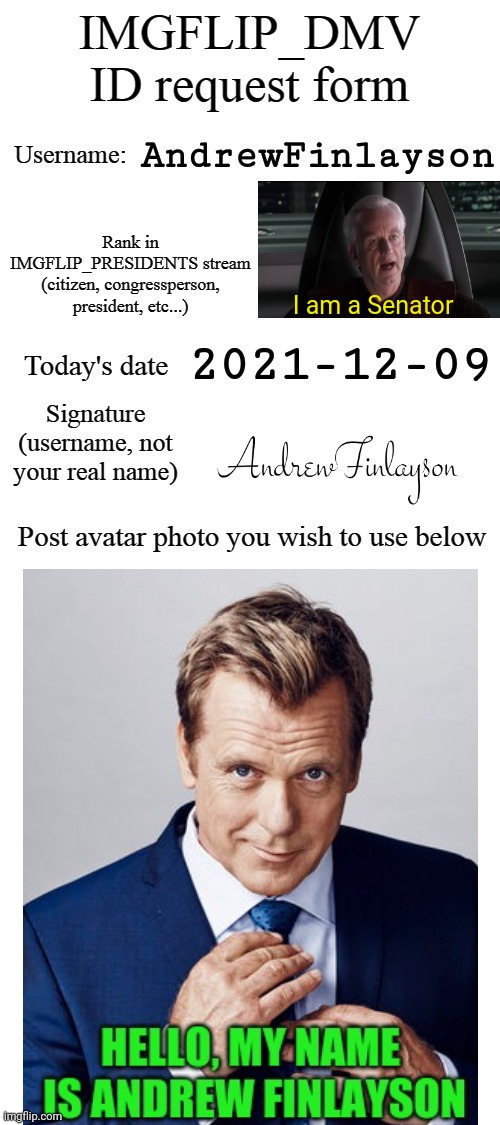 AndrewFinlayson; I am a Senator; 2021-12-09 | made w/ Imgflip meme maker