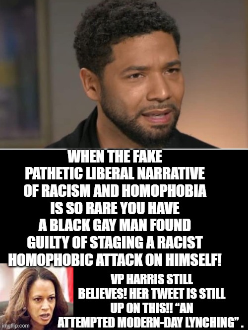 "An Attempted Modern Day Lynching" or a Hoax?  The jury said guilty!! |  WHEN THE FAKE PATHETIC LIBERAL NARRATIVE OF RACISM AND HOMOPHOBIA IS SO RARE YOU HAVE A BLACK GAY MAN FOUND GUILTY OF STAGING A RACIST HOMOPHOBIC ATTACK ON HIMSELF! VP HARRIS STILL BELIEVES! HER TWEET IS STILL UP ON THIS!! “AN ATTEMPTED MODERN-DAY LYNCHING” . | image tagged in not racist,no racism,stupid liberals,morons,idiots,fake news | made w/ Imgflip meme maker