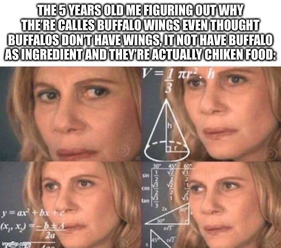 Resolving the mysterious of the buffalo wings | THE 5 YEARS OLD ME FIGURING OUT WHY THE’RE CALLES BUFFALO WINGS EVEN THOUGHT BUFFALOS DON’T HAVE WINGS, IT NOT HAVE BUFFALO AS INGREDIENT AND THEY’RE ACTUALLY CHIKEN FOOD: | image tagged in funny memes,best memes,good memes,resolving buffalo wings mysterious | made w/ Imgflip meme maker