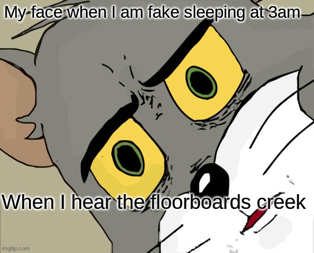 Don't move don't move | My face when I am fake sleeping at 3am; When I hear the floorboards creek | image tagged in memes,unsettled tom | made w/ Imgflip meme maker