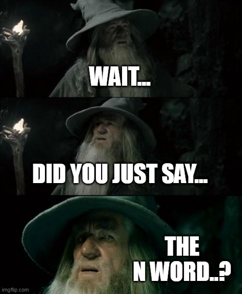 Confused Gandalf Meme | WAIT... DID YOU JUST SAY... THE N WORD..? | image tagged in memes,confused gandalf | made w/ Imgflip meme maker