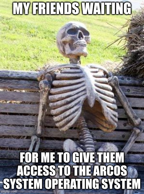 wait my friends, wait | MY FRIENDS WAITING; FOR ME TO GIVE THEM ACCESS TO THE ARCOS SYSTEM OPERATING SYSTEM | image tagged in memes,waiting skeleton | made w/ Imgflip meme maker