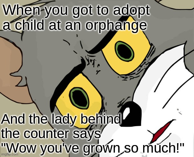 WHAT DID YOU JUST SPEAKETH?! | When you got to adopt a child at an orphange; And the lady behind the counter says "Wow you've grown so much!" | image tagged in memes,unsettled tom | made w/ Imgflip meme maker