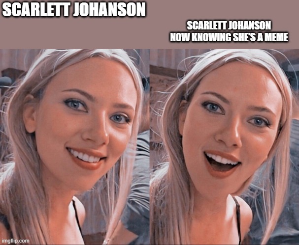 Surprised Scarlett Johansson | SCARLETT JOHANSON NOW KNOWING SHE'S A MEME; SCARLETT JOHANSON | image tagged in surprised scarlett johansson | made w/ Imgflip meme maker