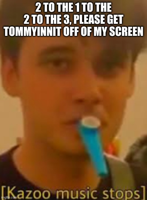 Kazoo music stops | 2 TO THE 1 TO THE 2 TO THE 3, PLEASE GET TOMMYINNIT OFF OF MY SCREEN | image tagged in kazoo music stops | made w/ Imgflip meme maker