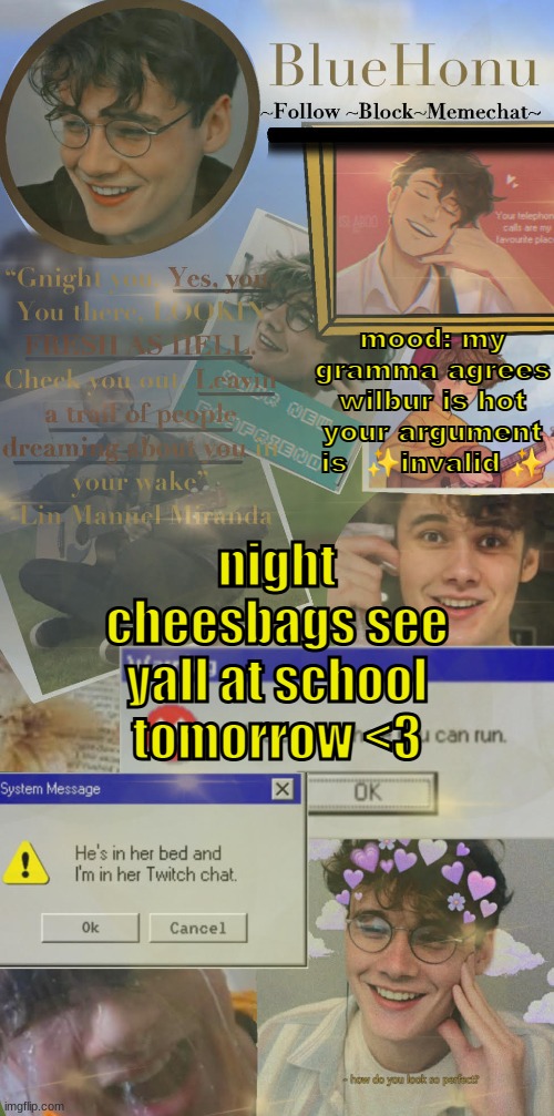 by at school i mean i will be online during my classes | mood: my gramma agrees wilbur is hot your argument is  ✨invalid ✨; night cheesbags see yall at school tomorrow <3 | image tagged in honu's soft wilbur soot temp | made w/ Imgflip meme maker