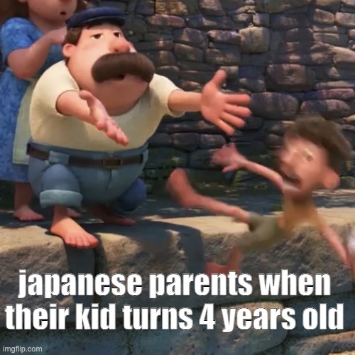 if you dont get it 4 is a unlucky number in japan (also im not being racist to any race) | japanese parents when their kid turns 4 years old | image tagged in man throws child into water | made w/ Imgflip meme maker