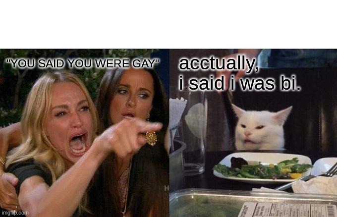 Woman Yelling At Cat | "YOU SAID YOU WERE GAY"; acctually, i said i was bi. | image tagged in memes,woman yelling at cat | made w/ Imgflip meme maker