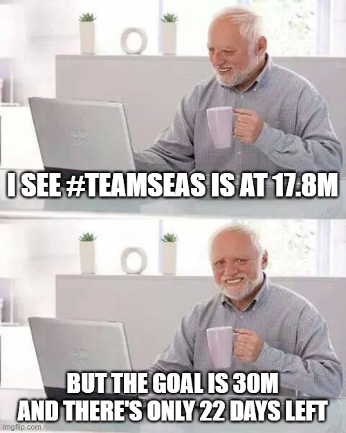 we need to do something #teamseas | I SEE #TEAMSEAS IS AT 17.8M; BUT THE GOAL IS 30M AND THERE'S ONLY 22 DAYS LEFT | image tagged in memes,hide the pain harold,mrbeast,donation,ocean,helping | made w/ Imgflip meme maker