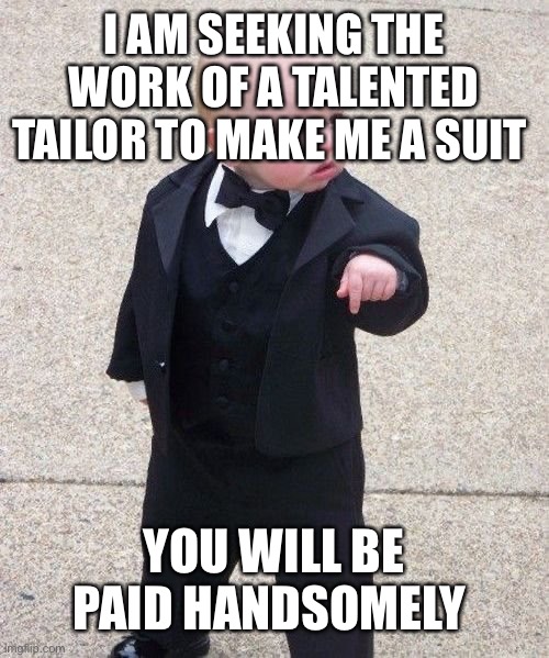 Baby Godfather Meme | I AM SEEKING THE WORK OF A TALENTED TAILOR TO MAKE ME A SUIT; YOU WILL BE PAID HANDSOMELY | image tagged in memes,baby godfather | made w/ Imgflip meme maker