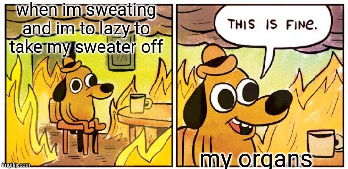 Upvote if its the same for you | when im sweating and im to lazy to take my sweater off; my organs | image tagged in memes,this is fine | made w/ Imgflip meme maker