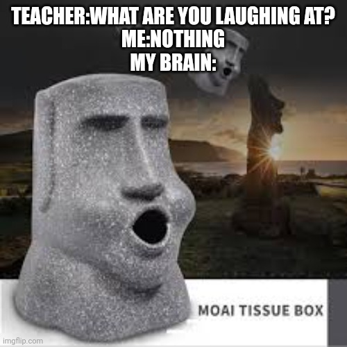 Ha |  TEACHER:WHAT ARE YOU LAUGHING AT?
ME:NOTHING
MY BRAIN: | image tagged in moai tissue box,my brain,teacher,statue,hey you,stop reading the tags | made w/ Imgflip meme maker