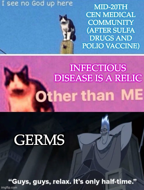 History of medicine | MID-20TH CEN MEDICAL COMMUNITY (AFTER SULFA DRUGS AND POLIO VACCINE); INFECTIOUS DISEASE IS A RELIC; GERMS | image tagged in no god other than me cat,history,disease,germs | made w/ Imgflip meme maker