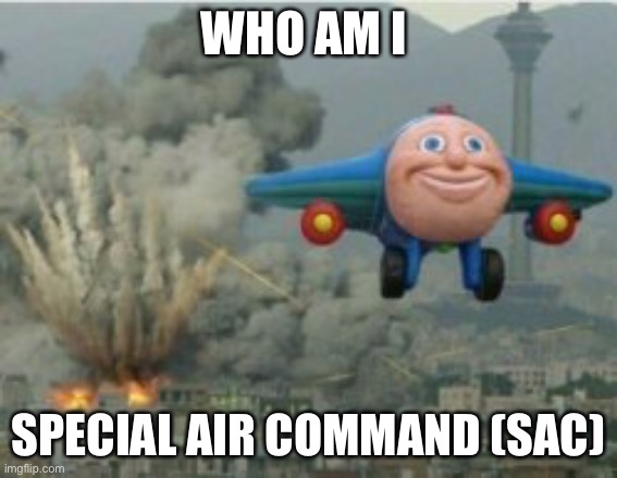 Who Am I special plane | WHO AM I; SPECIAL AIR COMMAND (SAC) | image tagged in happy bomber plane,special,smort,air,command | made w/ Imgflip meme maker
