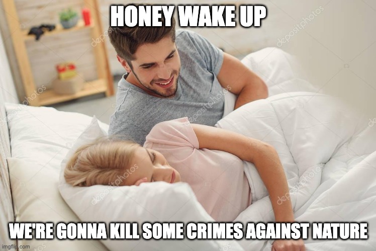 Honey wake up | HONEY WAKE UP WE'RE GONNA KILL SOME CRIMES AGAINST NATURE | image tagged in honey wake up | made w/ Imgflip meme maker