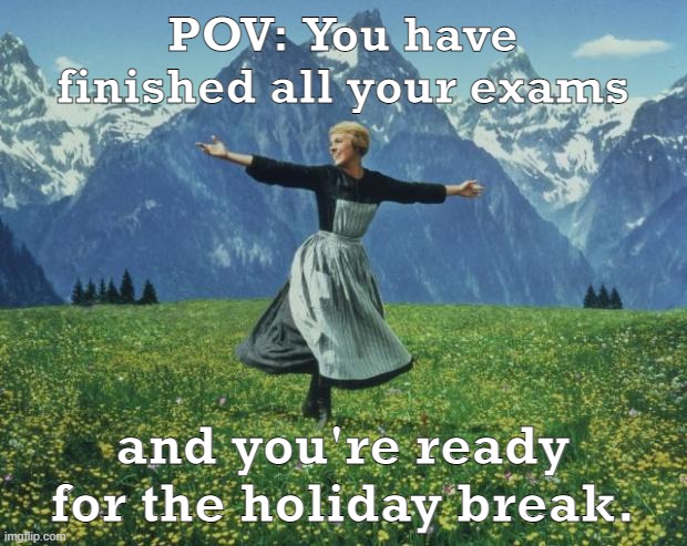 Exam |  POV: You have finished all your exams; and you're ready for the holiday break. | image tagged in seeing people during final exam - sound of music,happy holidays | made w/ Imgflip meme maker