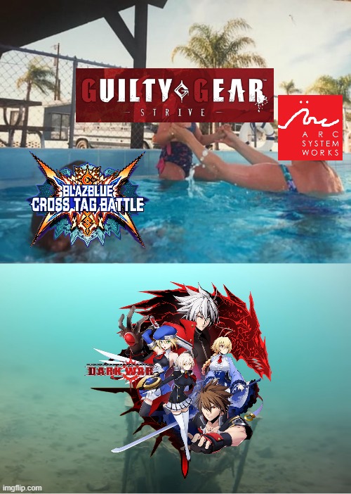 Meanwhile in Arc System Works | image tagged in swimming pool kids,blazblue,guilty gear | made w/ Imgflip meme maker