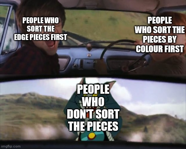Jigsaw Puzzles | PEOPLE WHO SORT THE PIECES BY COLOUR FIRST; PEOPLE WHO SORT THE EDGE PIECES FIRST; PEOPLE WHO DON'T SORT THE PIECES | image tagged in harry potter tom cat meme | made w/ Imgflip meme maker