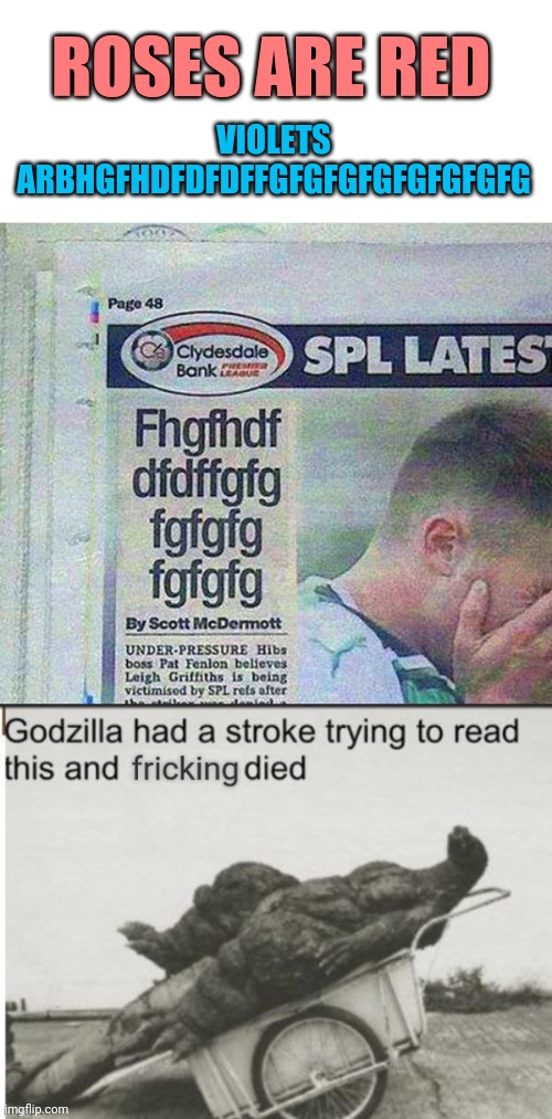 Well this is bizarre |  ROSES ARE RED; VIOLETS ARBHGFHDFDFDFFGFGFGFGFGFGFGFG | image tagged in godzilla had a stroke trying to read this and fricking died,news,roses are red,nonsense,stupid memes,stupid news | made w/ Imgflip meme maker