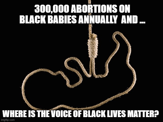 hanged fetus | 300,000 ABORTIONS ON BLACK BABIES ANNUALLY  AND ... WHERE IS THE VOICE OF BLACK LIVES MATTER? | image tagged in hanged fetus | made w/ Imgflip meme maker