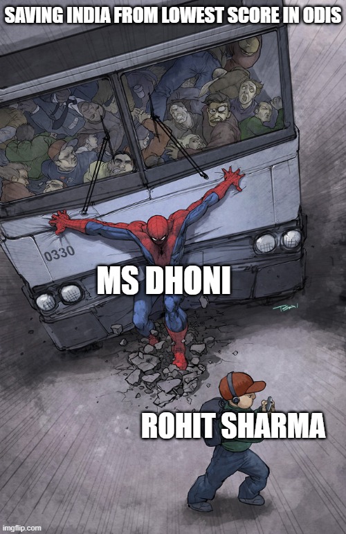msd saved rohit humiliation as captain | SAVING INDIA FROM LOWEST SCORE IN ODIS; MS DHONI; ROHIT SHARMA | image tagged in spider-man saves child | made w/ Imgflip meme maker