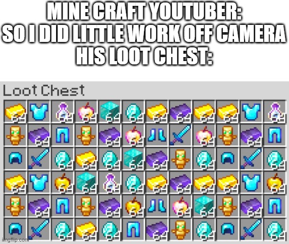 OFF CAMERA WORK BE LIKE | MINE CRAFT YOUTUBER: SO I DID LITTLE WORK OFF CAMERA
HIS LOOT CHEST: | image tagged in lol,minecraft,looting,cameras | made w/ Imgflip meme maker