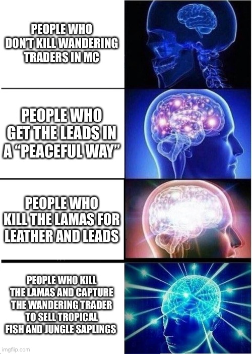 Expanding Brain | PEOPLE WHO DON’T KILL WANDERING TRADERS IN MC; PEOPLE WHO GET THE LEADS IN A “PEACEFUL WAY”; PEOPLE WHO KILL THE LAMAS FOR LEATHER AND LEADS; PEOPLE WHO KILL THE LAMAS AND CAPTURE THE WANDERING TRADER TO SELL TROPICAL FISH AND JUNGLE SAPLINGS | image tagged in memes,expanding brain | made w/ Imgflip meme maker