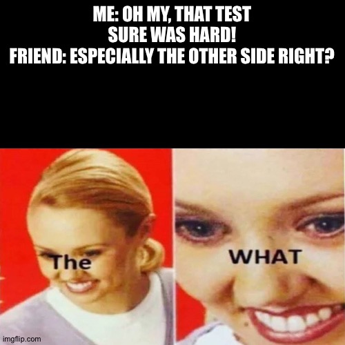 The.... what | ME: OH MY, THAT TEST SURE WAS HARD!
FRIEND: ESPECIALLY THE OTHER SIDE RIGHT? | image tagged in the what,relatable,memes | made w/ Imgflip meme maker