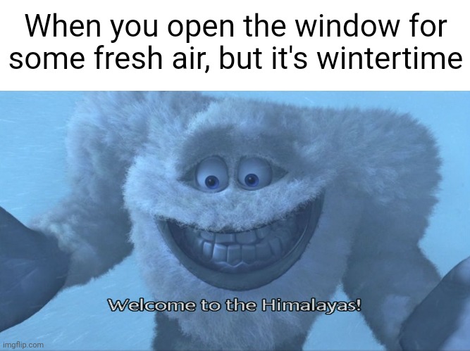 Himalayas at home |  When you open the window for some fresh air, but it's wintertime | image tagged in welcome to the himalayas,monsters inc,disney,pixar,yeti,relatable memes | made w/ Imgflip meme maker