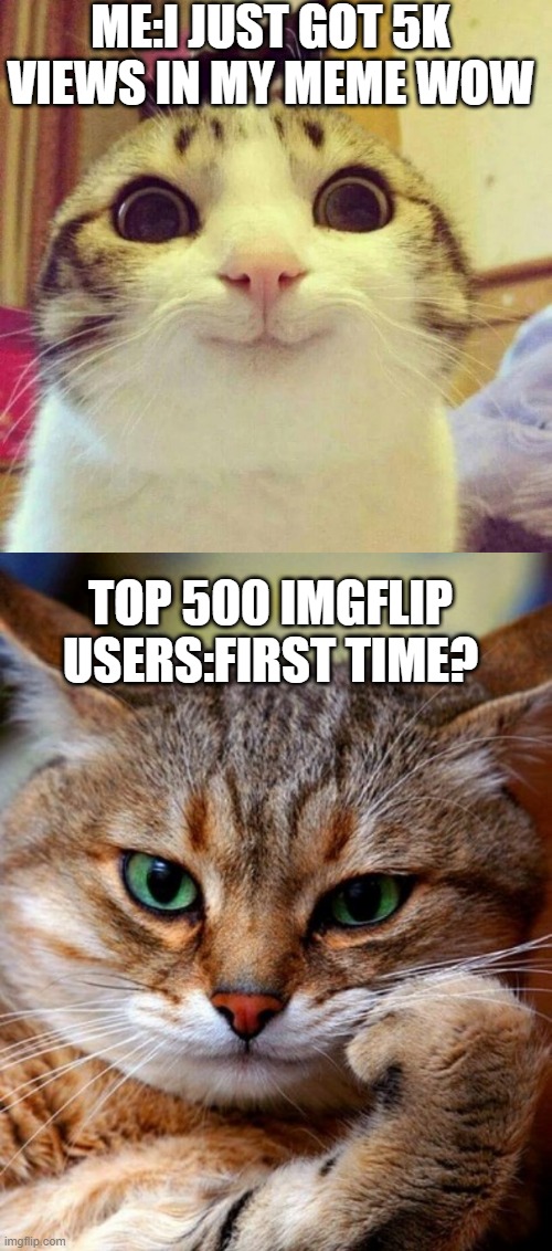 LOL | ME:I JUST GOT 5K VIEWS IN MY MEME WOW; TOP 500 IMGFLIP USERS:FIRST TIME? | image tagged in memes,smiling cat,bored cat,funny,caught in 5k,lol | made w/ Imgflip meme maker