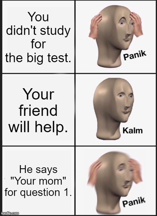 Tesst | You didn't study for the big test. Your friend will help. He says "Your mom" for question 1. | image tagged in memes,panik kalm panik | made w/ Imgflip meme maker